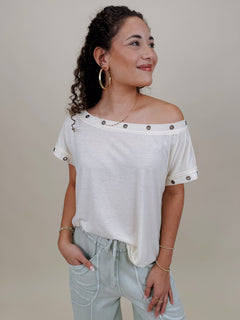 Just A Dream Metal Circle Trim Top in cream with metal grommet neckline trim — Paper Doll

