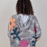 Cozy Jungle Hoodie in washed grey camo with stitched flower appliqués — Paper Doll