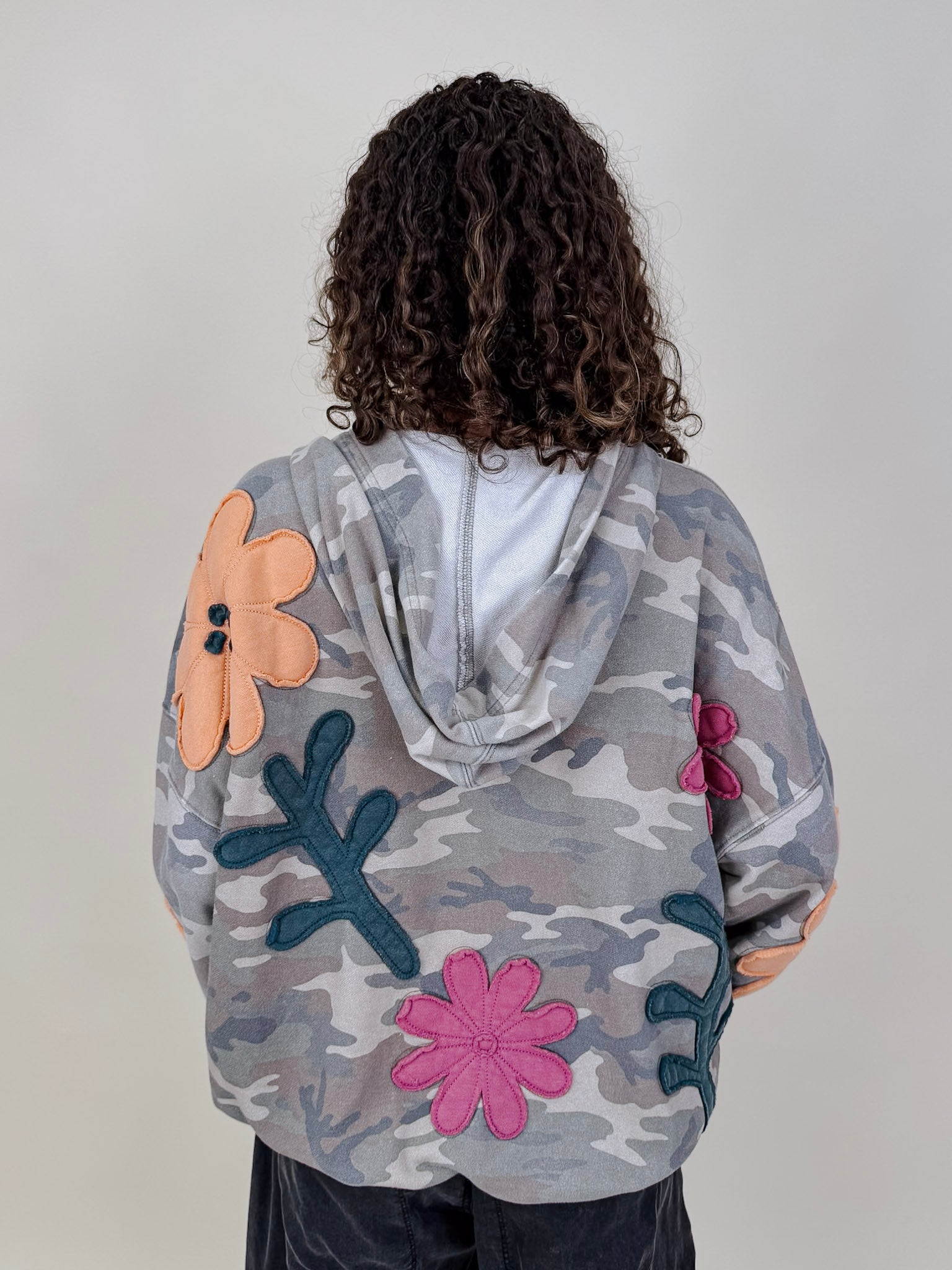 Cozy Jungle Hoodie in washed grey camo with stitched flower appliqués — Paper Doll