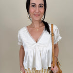 Shine Bright Floral Lace Detail Blouse in off white with embroidered yoke and lace V-neckline — Paper Doll
