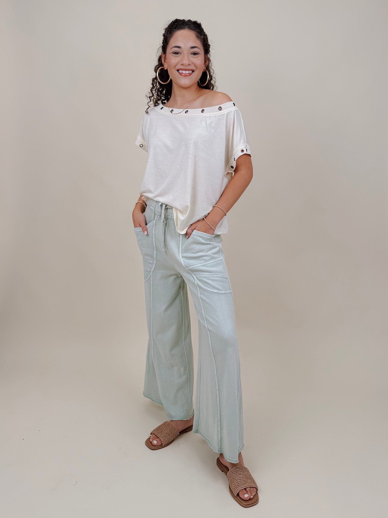 Braxton Cozy Pant in washed sage with a drawstring waist and wide leg — Paper Doll
