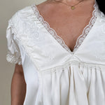 Shine Bright Floral Lace Detail Blouse in off white with embroidered yoke and lace V-neckline — Paper Doll
