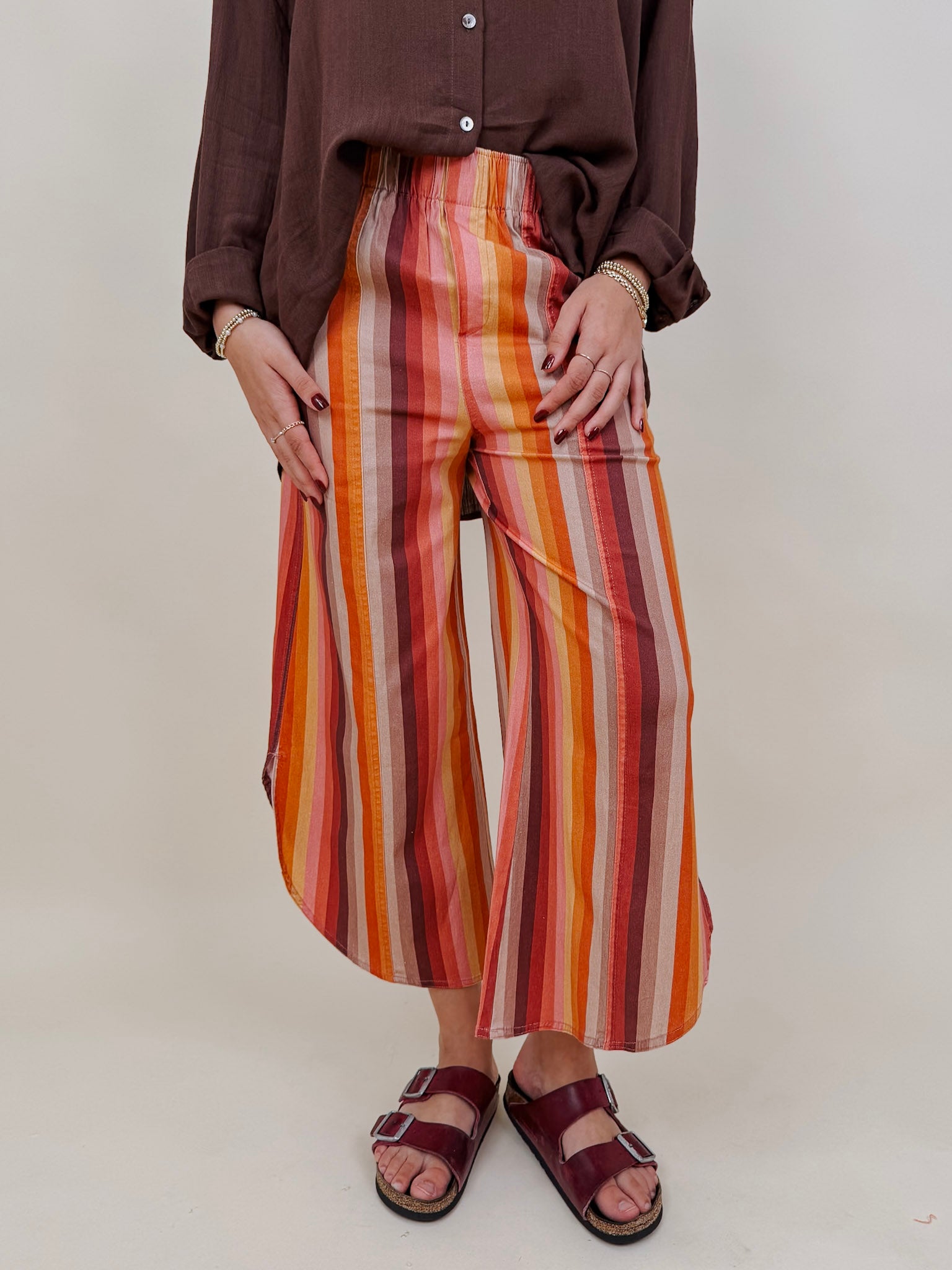 Fair Season Pant in mustard and rust multi stripe with wide cropped leg — Paper Doll
