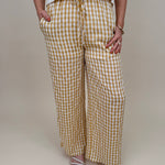 Tallahassee Gingham Pant in mustard and white gingham check with wide-leg silhouette — Paper Doll

