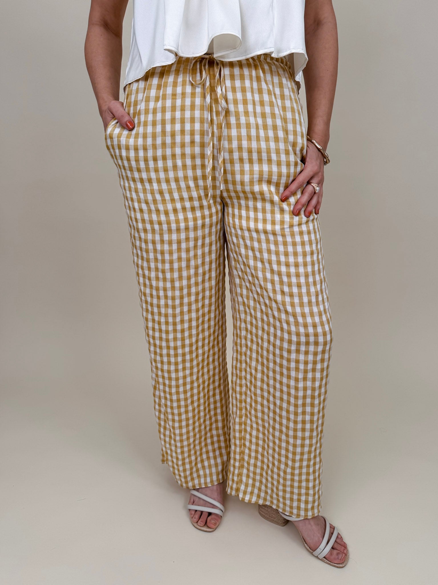 Tallahassee Gingham Pant in mustard and white gingham check with wide-leg silhouette — Paper Doll
