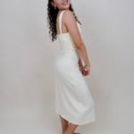 Serene Midi Dress in butter yellow with a sweetheart neck and body-skimming midi silhouette — Paper Doll
