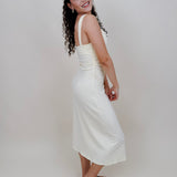 Serene Midi Dress in butter yellow with a sweetheart neck and body-skimming midi silhouette — Paper Doll
