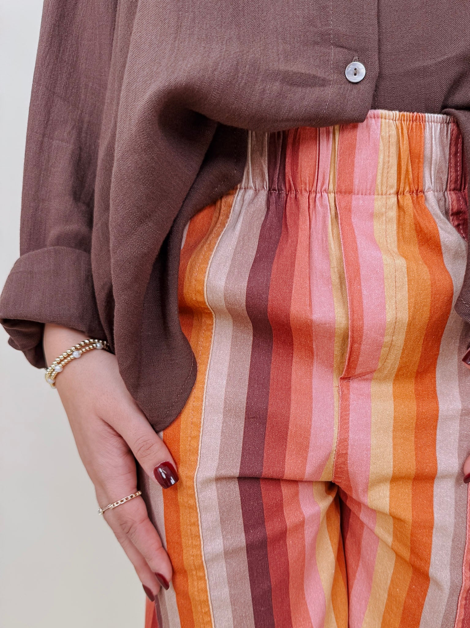 Fair Season Pant in mustard and rust multi stripe with wide cropped leg — Paper Doll