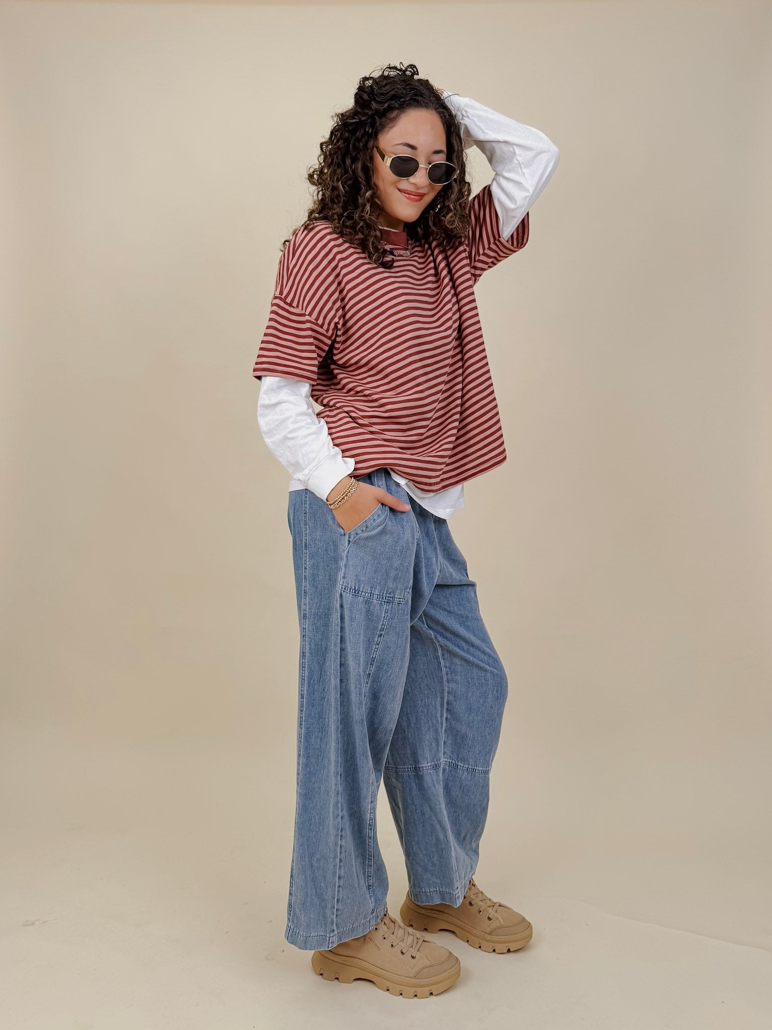 Triple Threat Boxy Striped Tee in mauve and rose stripe with contrast neckline — Paper Doll