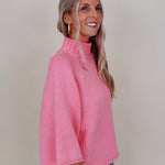 Long Island Sweater in hibiscus pink with ribbed mock neck and wide sleeves — Paper Doll