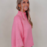 Long Island Sweater in hibiscus pink with ribbed mock neck and wide sleeves — Paper Doll