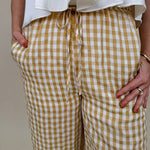 Tallahassee Gingham Pant in mustard and white gingham check with wide-leg silhouette — Paper Doll
