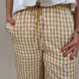 Tallahassee Gingham Pant in mustard and white gingham check with wide-leg silhouette — Paper Doll
