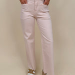 Colby Wide Leg Jean in blush pink with angled front pocket detail and raw ankle hem — Paper Doll