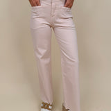 Colby Wide Leg Jean in blush pink with angled front pocket detail and raw ankle hem — Paper Doll