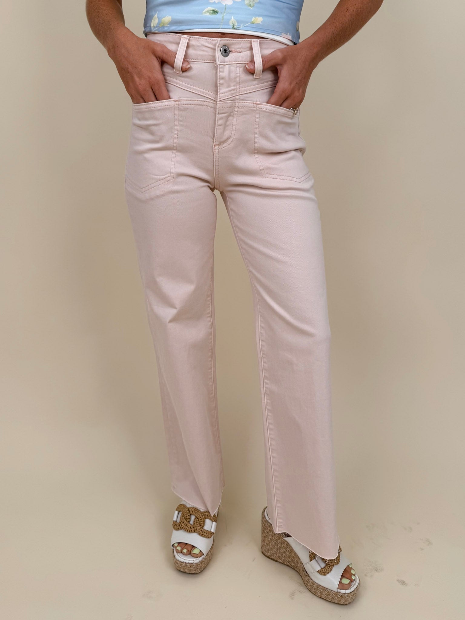 Colby Wide Leg Jean in blush pink with angled front pocket detail and raw ankle hem — Paper Doll