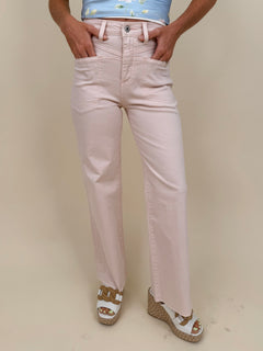 Colby Wide Leg Jean in blush pink with angled front pocket detail and raw ankle hem — Paper Doll