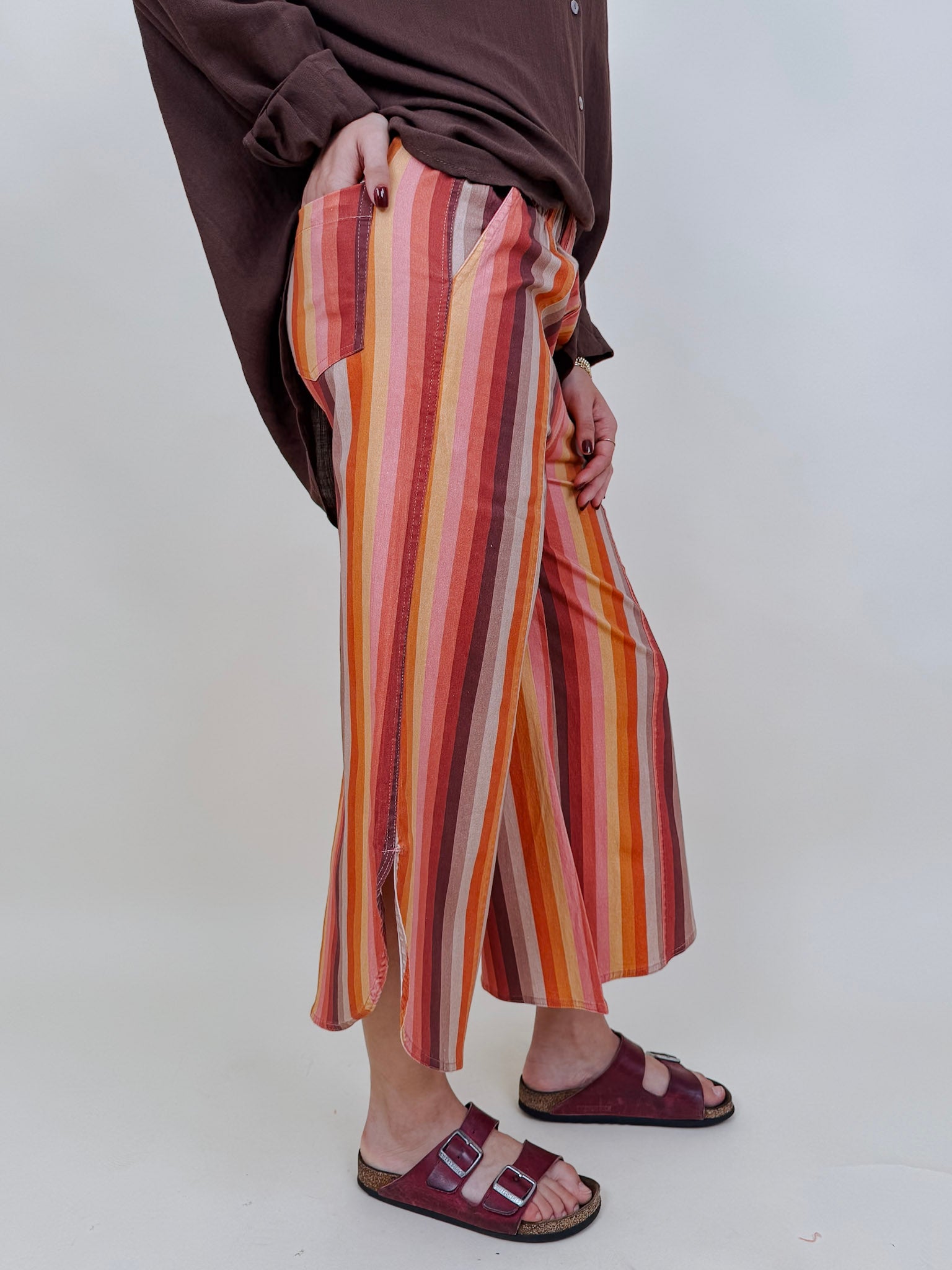 Fair Season Pant in mustard and rust multi stripe with wide cropped leg — Paper Doll