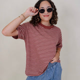 Triple Threat Boxy Striped Tee in mauve and rose stripe with contrast neckline — Paper Doll