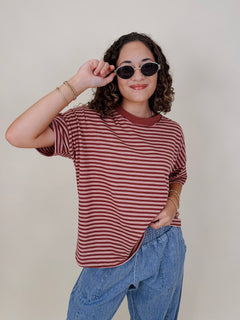 Triple Threat Boxy Striped Tee in mauve and rose stripe with contrast neckline — Paper Doll