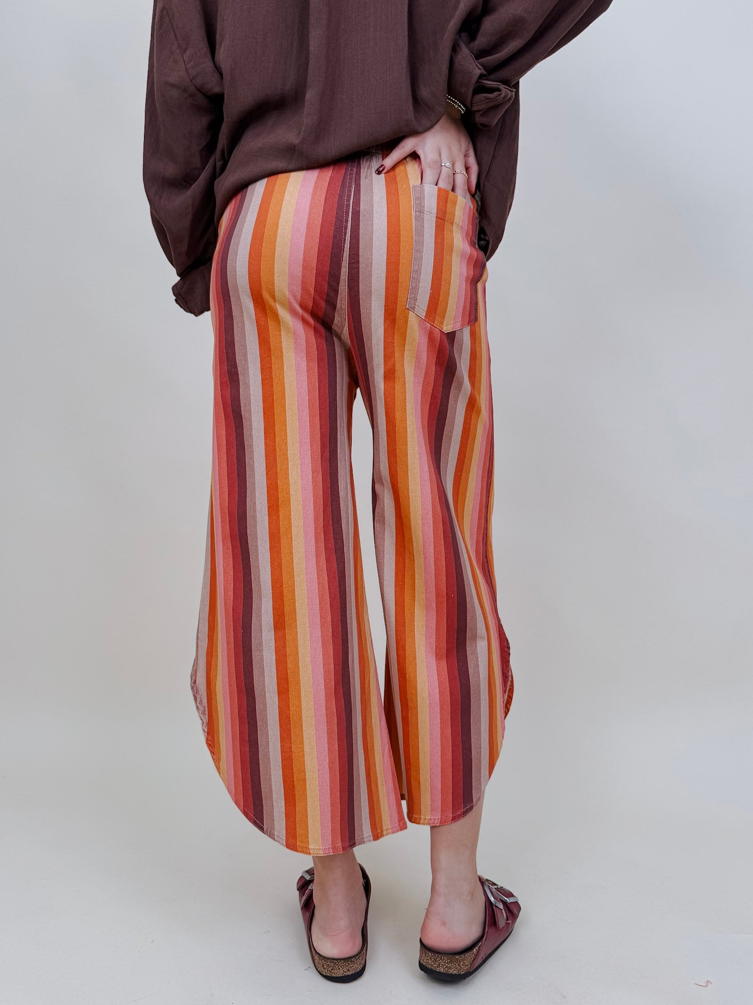 Fair Season Pant in mustard and rust multi stripe with wide cropped leg — Paper Doll