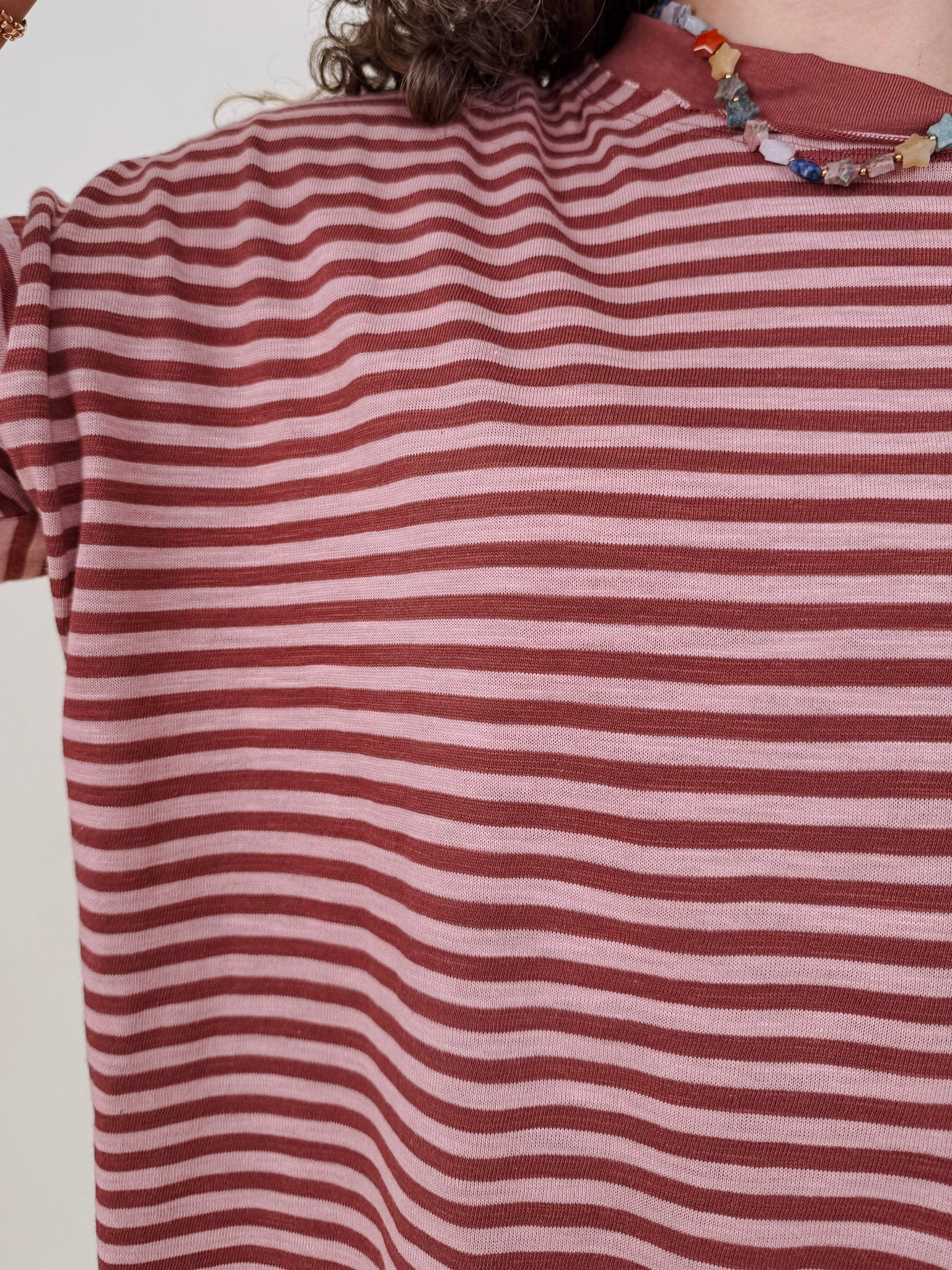 Triple Threat Boxy Striped Tee in mauve and rose stripe with contrast neckline — Paper Doll