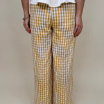 Tallahassee Gingham Pant in mustard and white gingham check with wide-leg silhouette — Paper Doll
