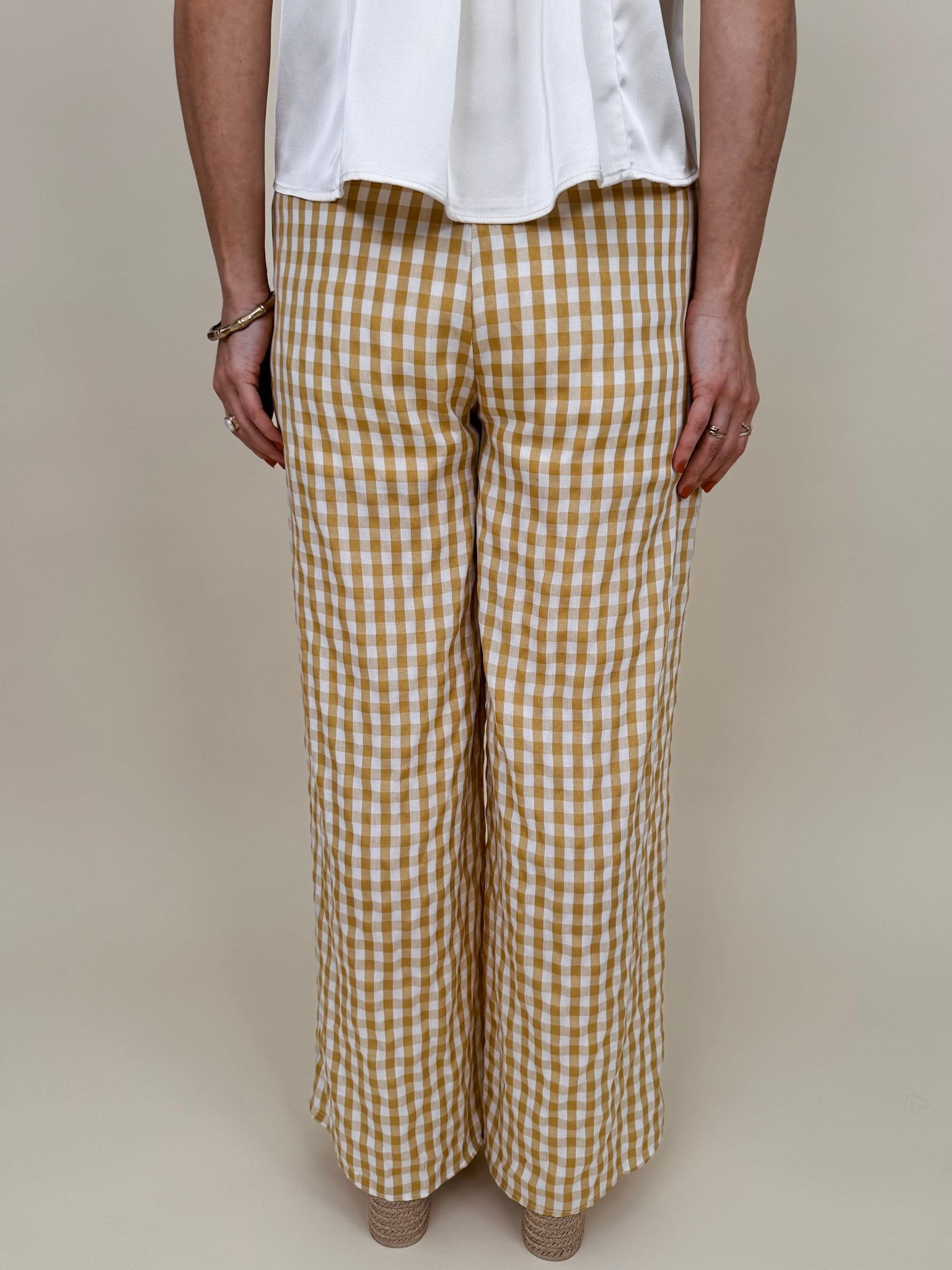 Tallahassee Gingham Pant in mustard and white gingham check with wide-leg silhouette — Paper Doll
