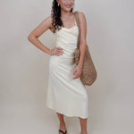 Serene Midi Dress in butter yellow with a sweetheart neck and body-skimming midi silhouette — Paper Doll

