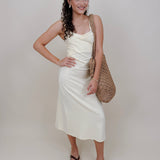 Serene Midi Dress in butter yellow with a sweetheart neck and body-skimming midi silhouette — Paper Doll
