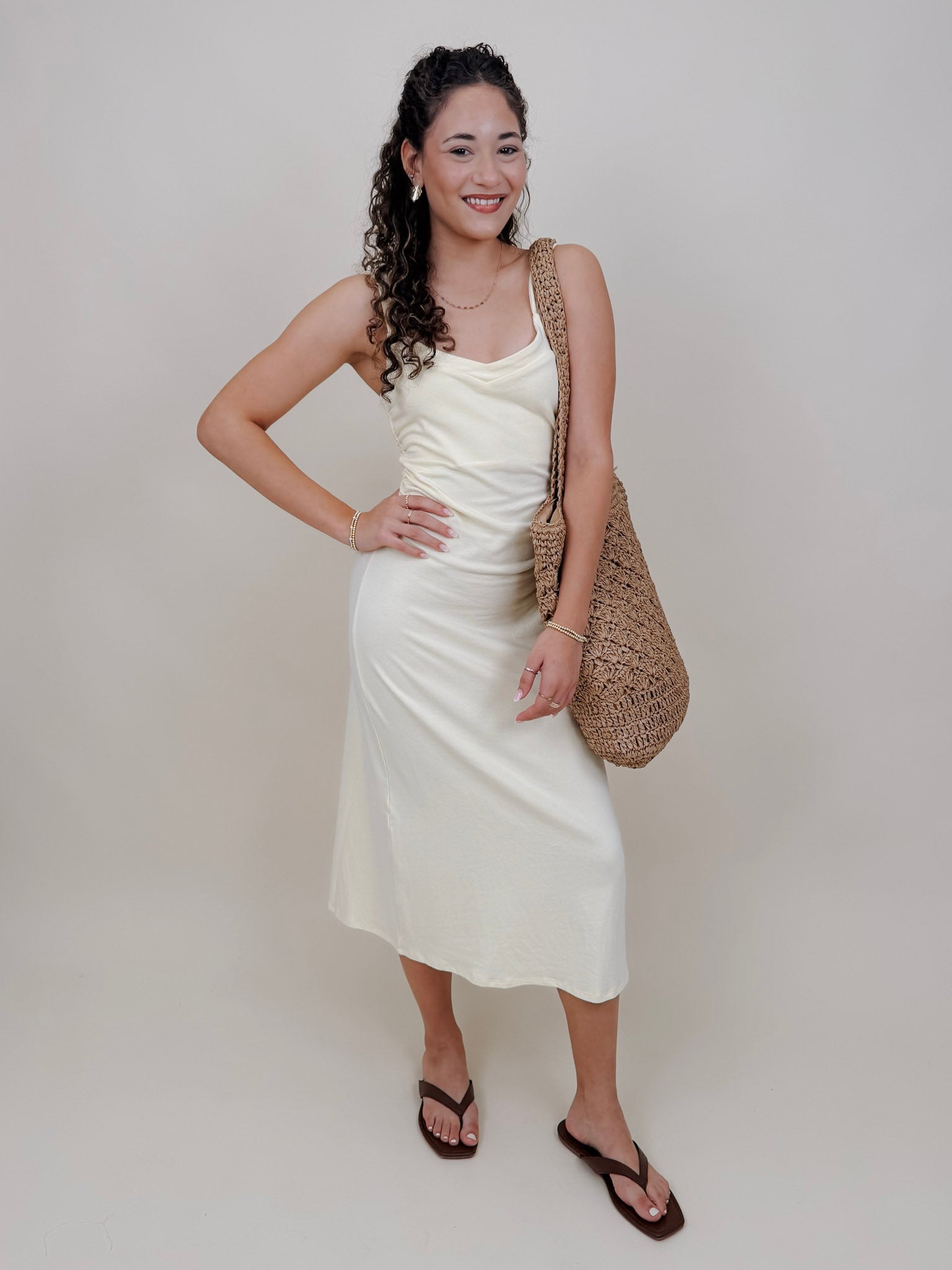 Serene Midi Dress in butter yellow with a sweetheart neck and body-skimming midi silhouette — Paper Doll

