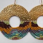 Organic Circular Fringe Earrings with hammered gold disc and earthy multicolor beaded fringe — Paper Doll