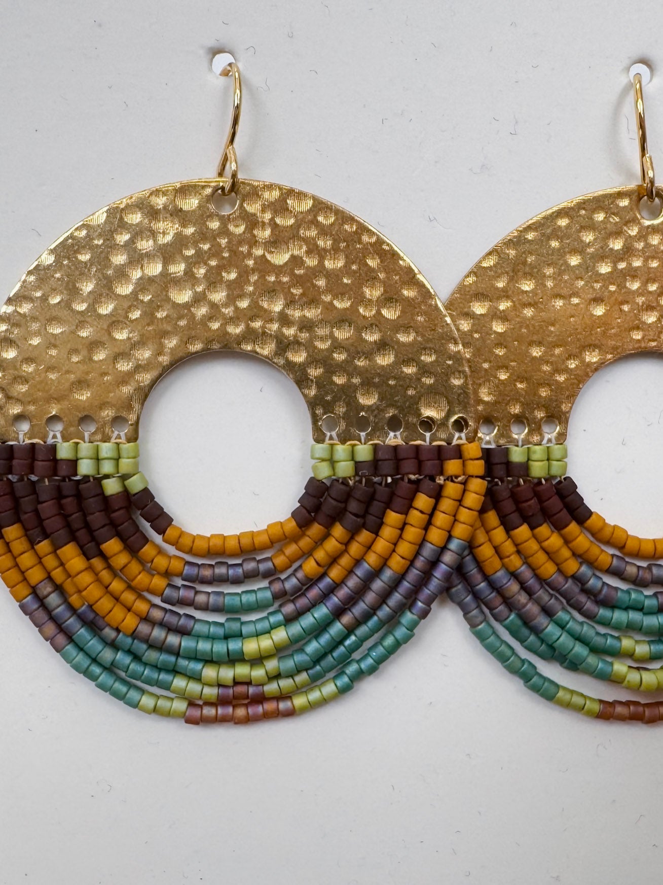 Organic Circular Fringe Earrings with hammered gold disc and earthy multicolor beaded fringe — Paper Doll