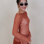 Sierra Casual Top in terracotta open lace knit with bell sleeves — Paper Doll