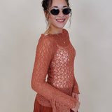 Sierra Casual Top in terracotta open lace knit with bell sleeves — Paper Doll