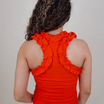 Tammy Ruffle Tank in red with a ruffle shoulder and neckline — Paper Doll