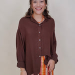 Never Better Button Up Blouse in solid brown with button front — Paper Doll