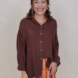 Never Better Button Up Blouse in solid brown with button front — Paper Doll