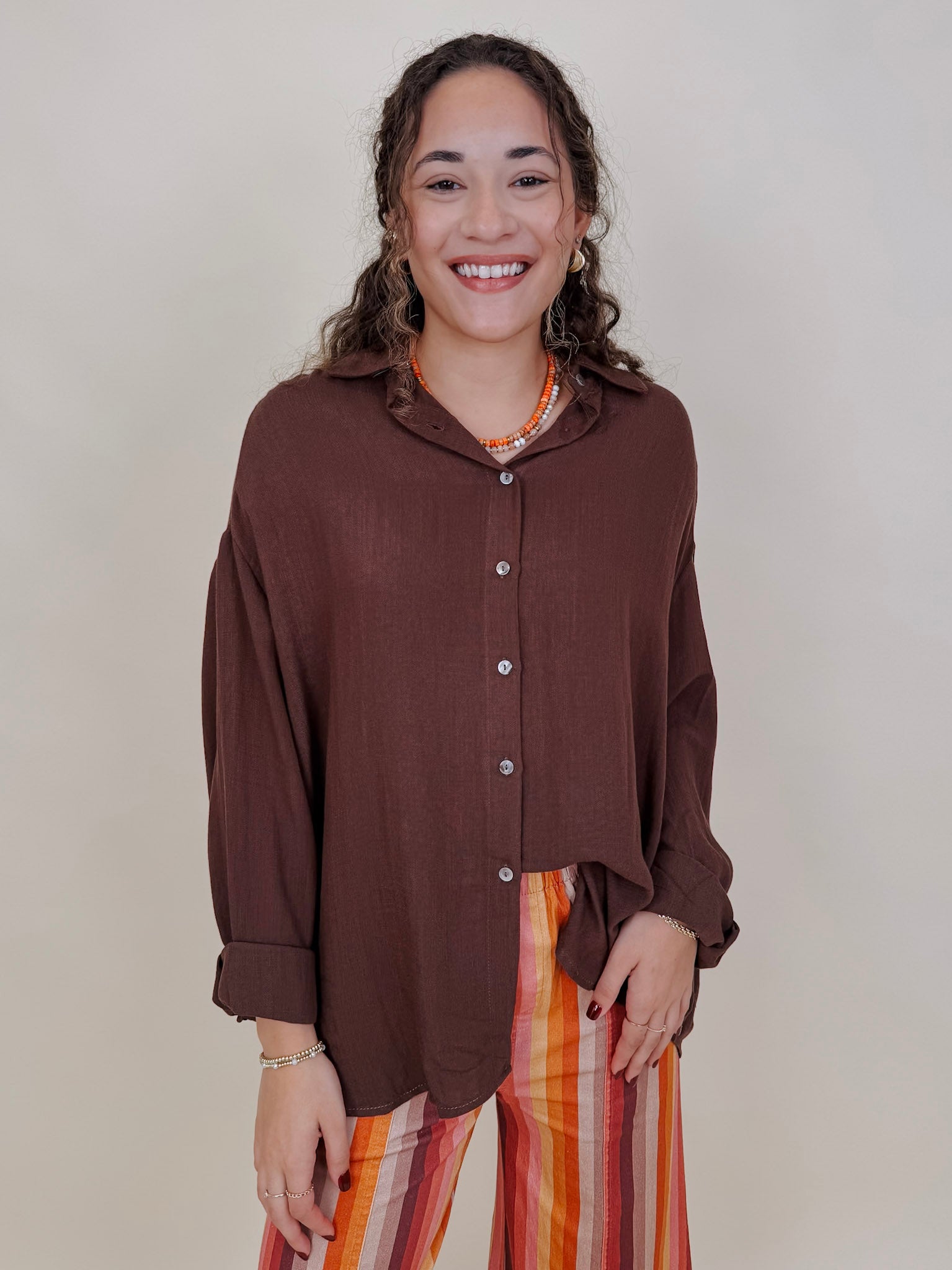 Never Better Button Up Blouse in solid brown with button front — Paper Doll