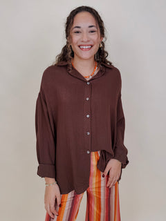 Never Better Button Up Blouse in solid brown with button front — Paper Doll