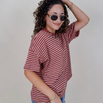 Triple Threat Boxy Striped Tee in mauve and rose stripe with contrast neckline — Paper Doll