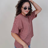 Triple Threat Boxy Striped Tee in mauve and rose stripe with contrast neckline — Paper Doll
