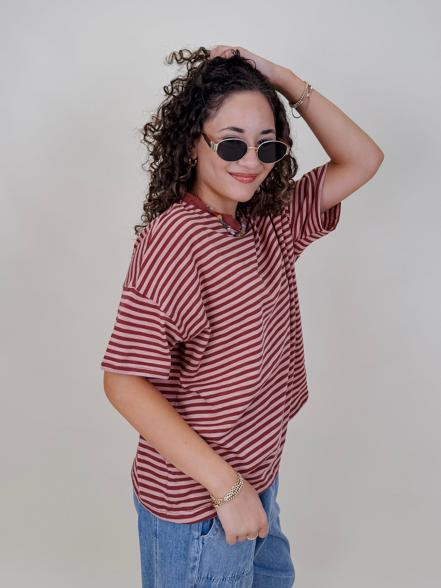 Triple Threat Boxy Striped Tee in mauve and rose stripe with contrast neckline — Paper Doll