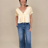 Shine Bright Floral Lace Detail Blouse in light yellow with embroidered yoke and lace V-neckline — Paper Doll

