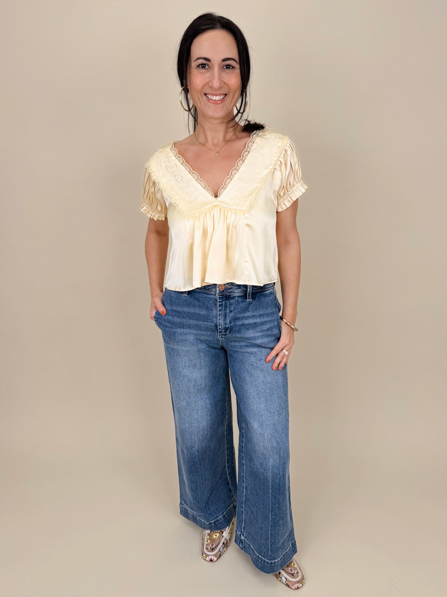 Shine Bright Floral Lace Detail Blouse in light yellow with embroidered yoke and lace V-neckline — Paper Doll

