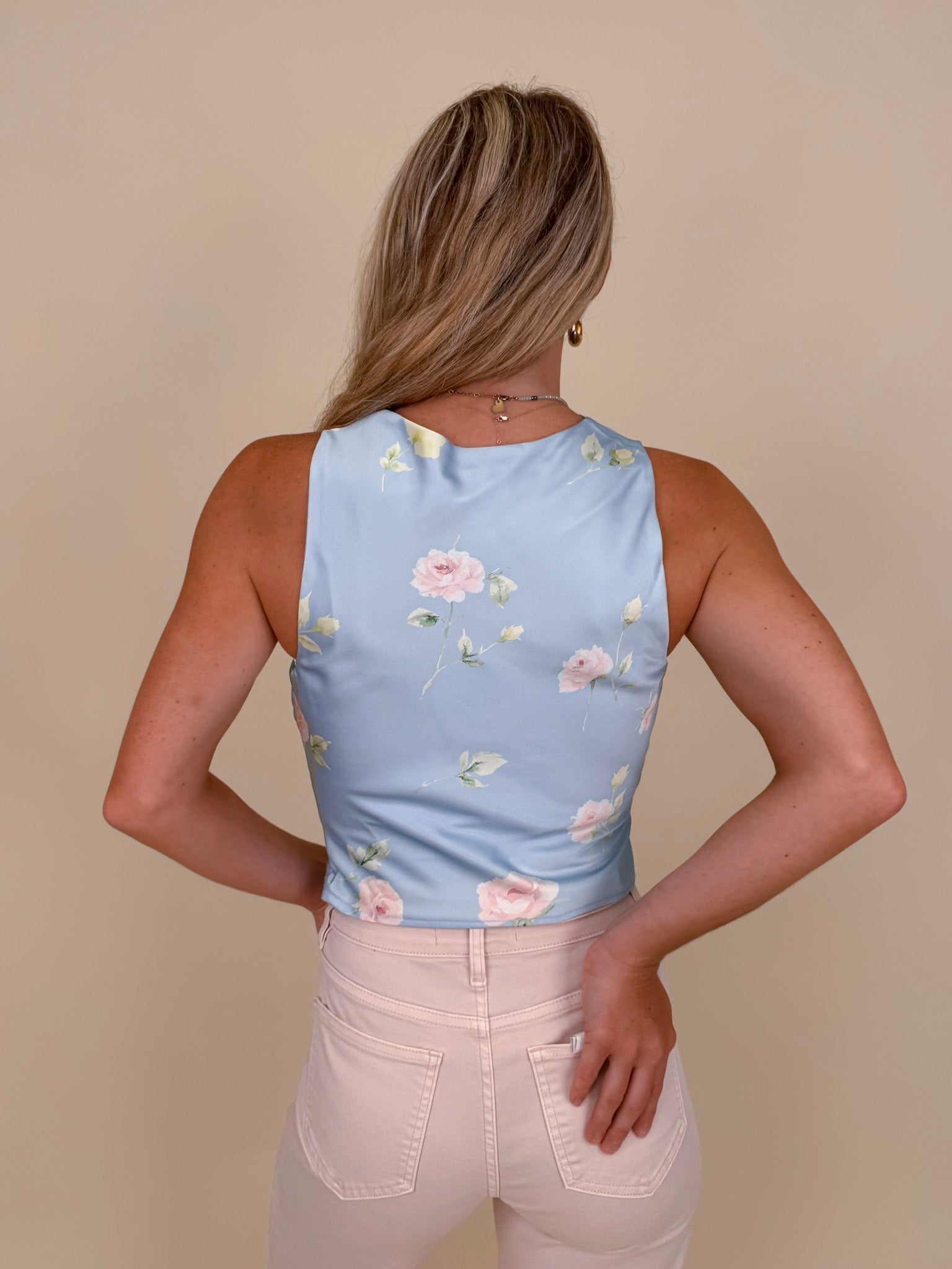 Elowen Floral Blouse with powder blue watercolor rose print and cowl neckline — Paper Doll
