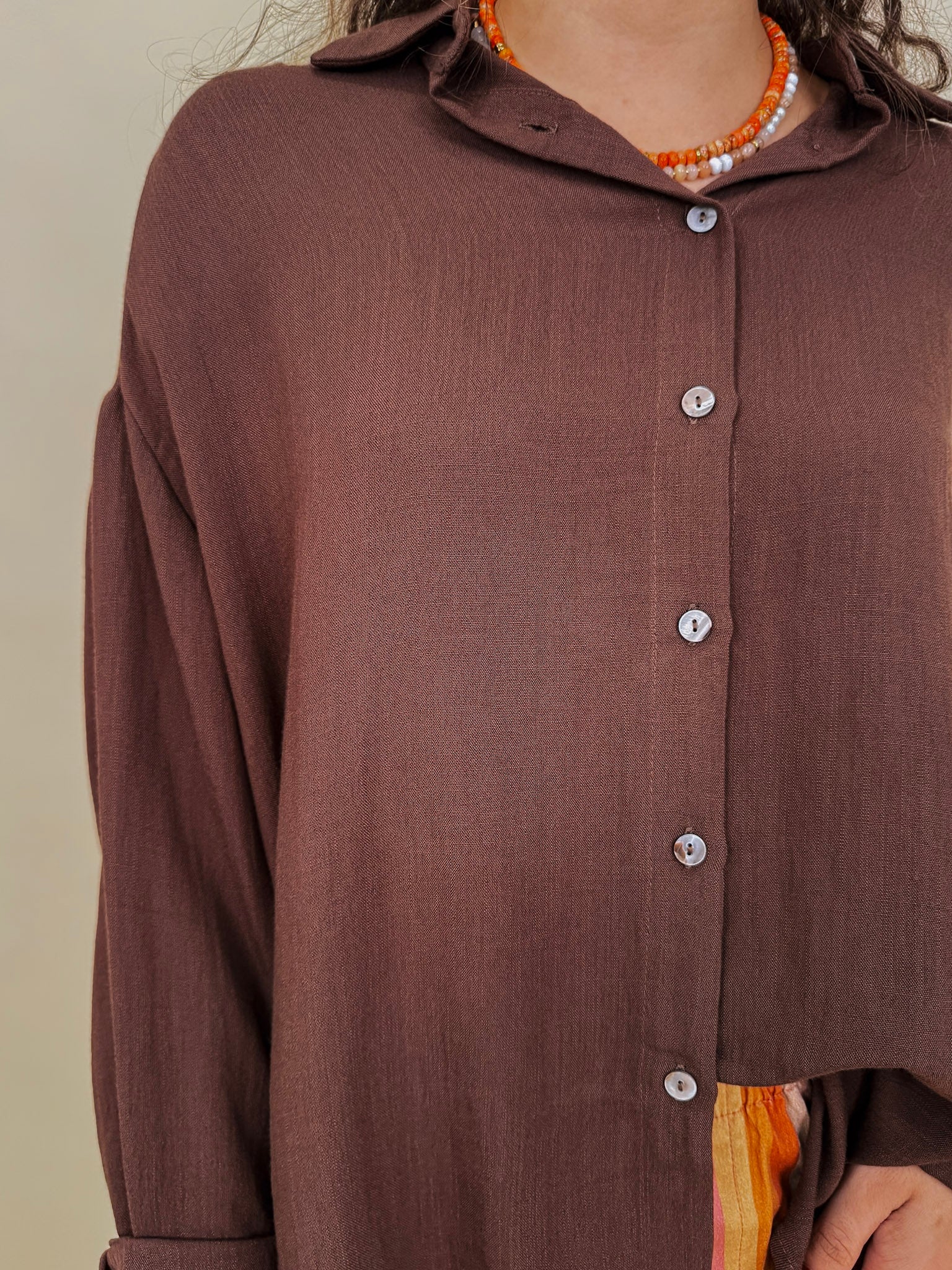 Never Better Button Up Blouse in solid brown with button front — Paper Doll