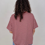 Triple Threat Boxy Striped Tee in mauve and rose stripe with contrast neckline — Paper Doll