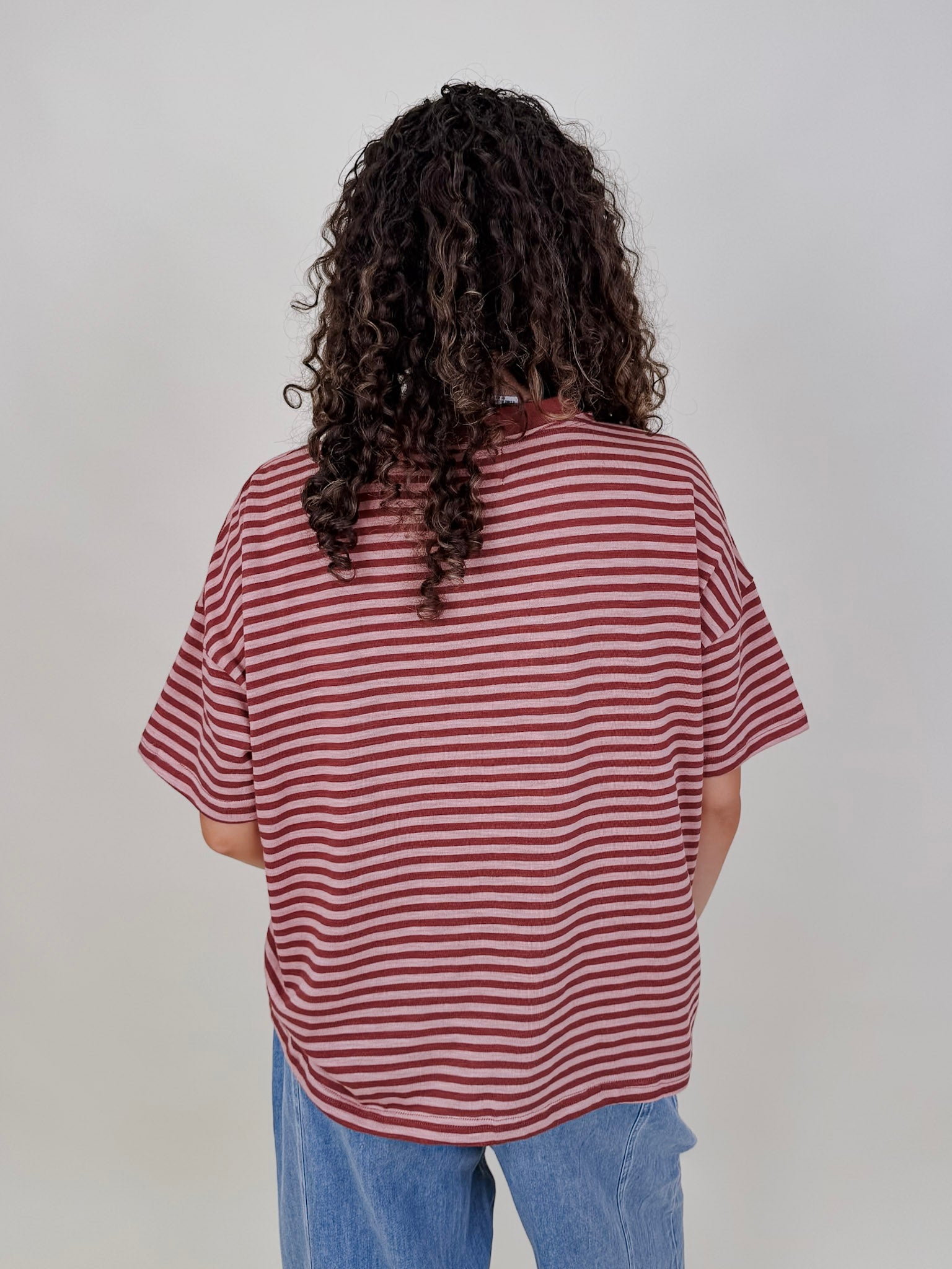 Triple Threat Boxy Striped Tee in mauve and rose stripe with contrast neckline — Paper Doll