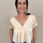 Shine Bright Floral Lace Detail Blouse in light yellow with embroidered yoke and lace V-neckline — Paper Doll
